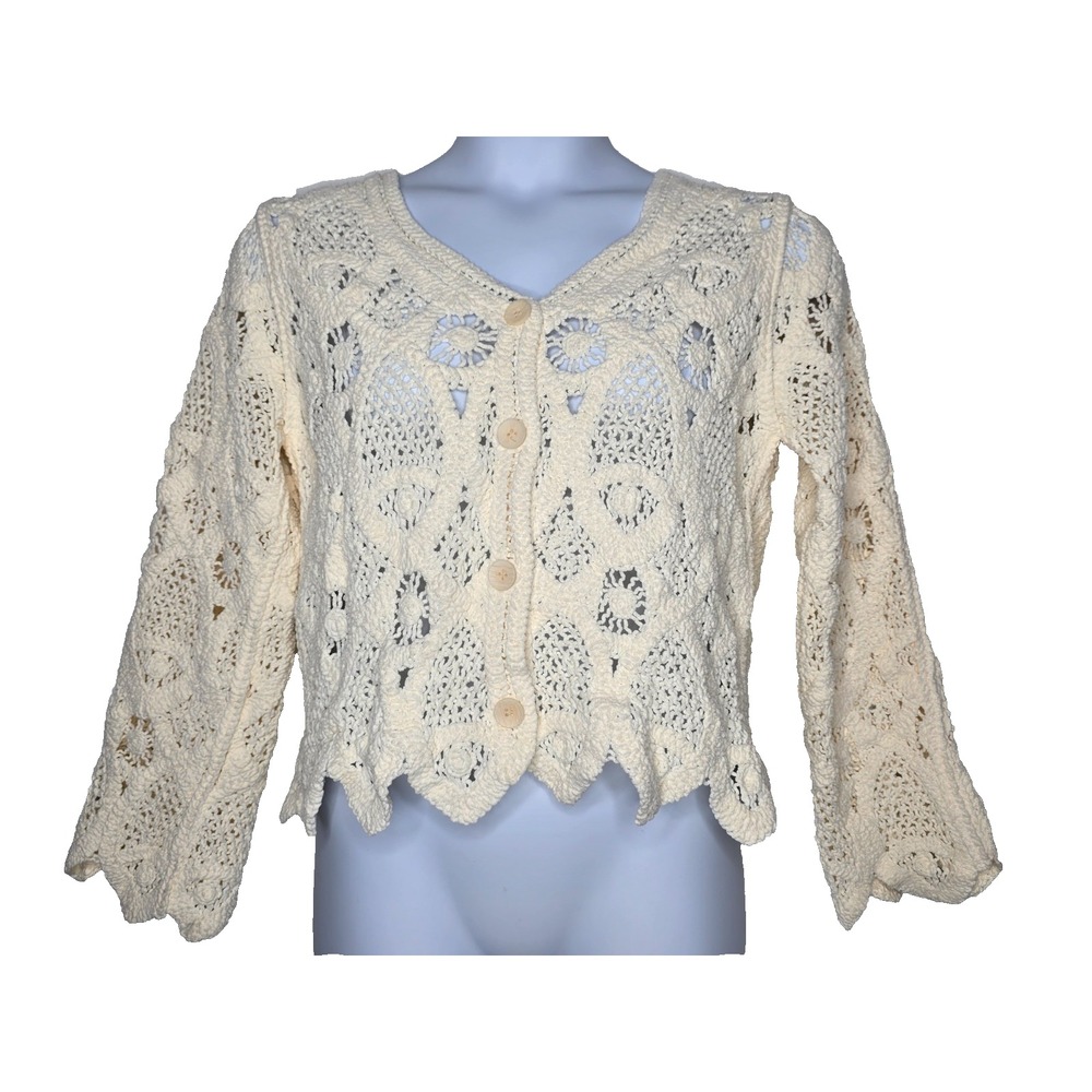 POL Cream Crochet Cardigan Sweater Boho One Size Granny Square Button Cotton